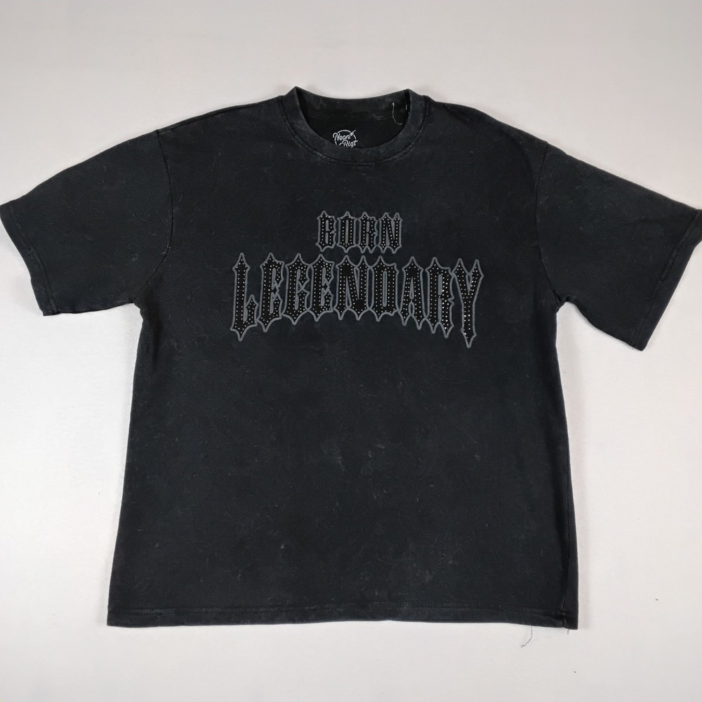 Neon Riot Born Legendary Rhinestone Tee Acid Wash Black Oversized Streetwear L